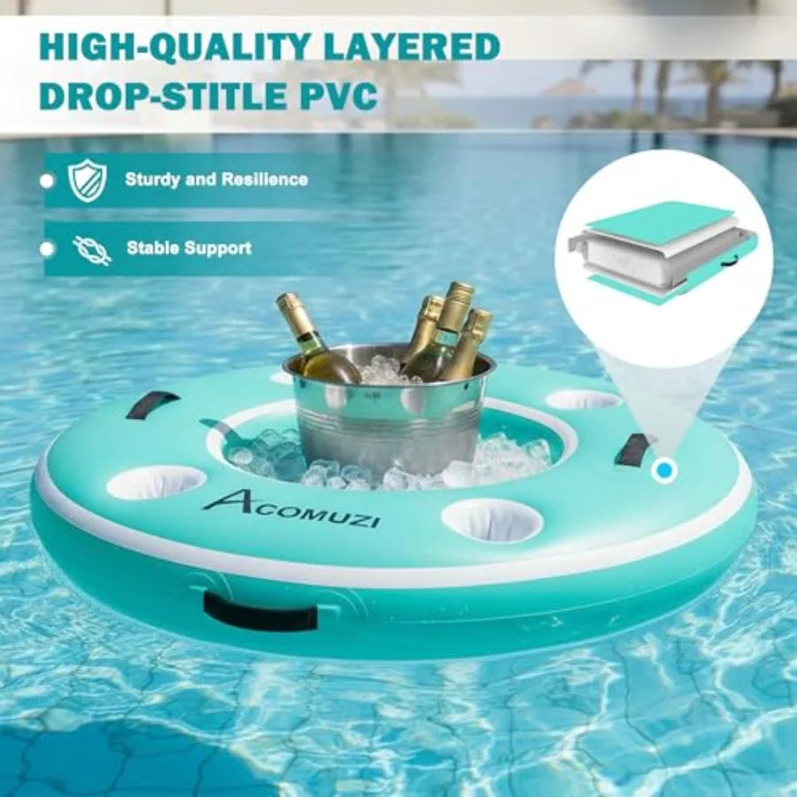 4FT Inflatable Pool Bar with 4 Built-in Cup Holders Floating Cooler for Adults Inflatable Drink Cooler in Blue for Lakes Pools