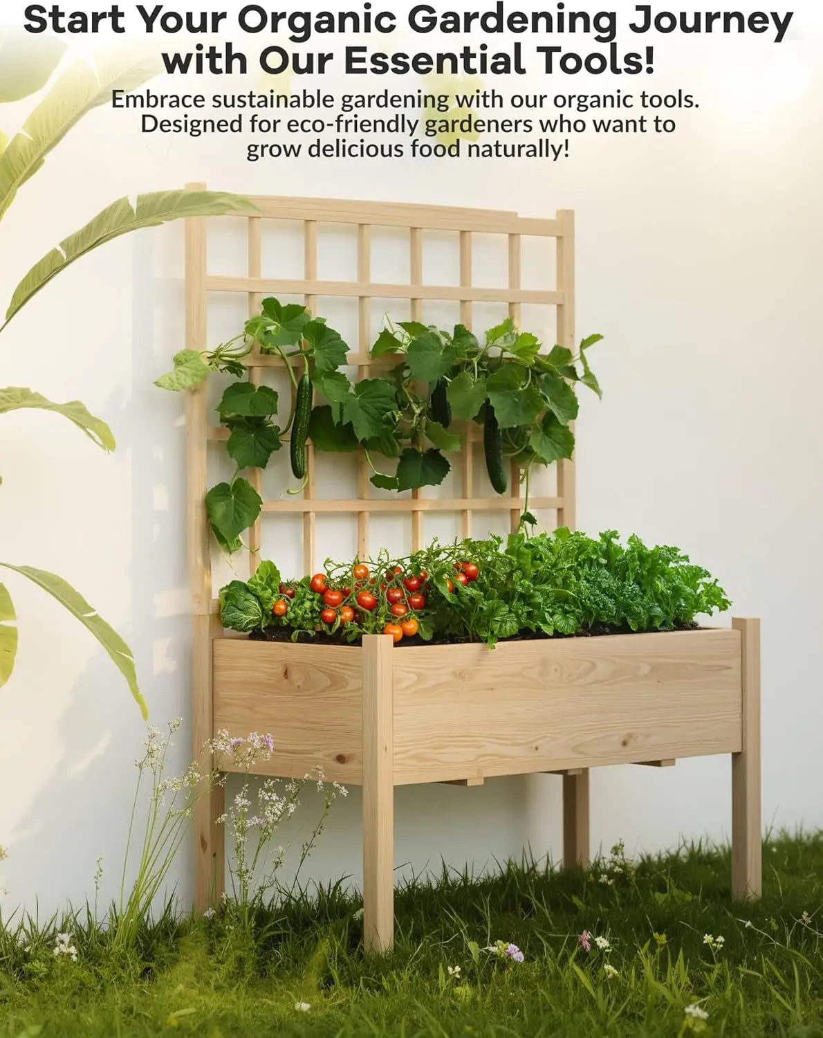 Elevated Garden Bed w/Trellis & Liner - 65" Tall Steel Planter for Veggies, Herbs & Flowers - Patio/Balcony/Backyard