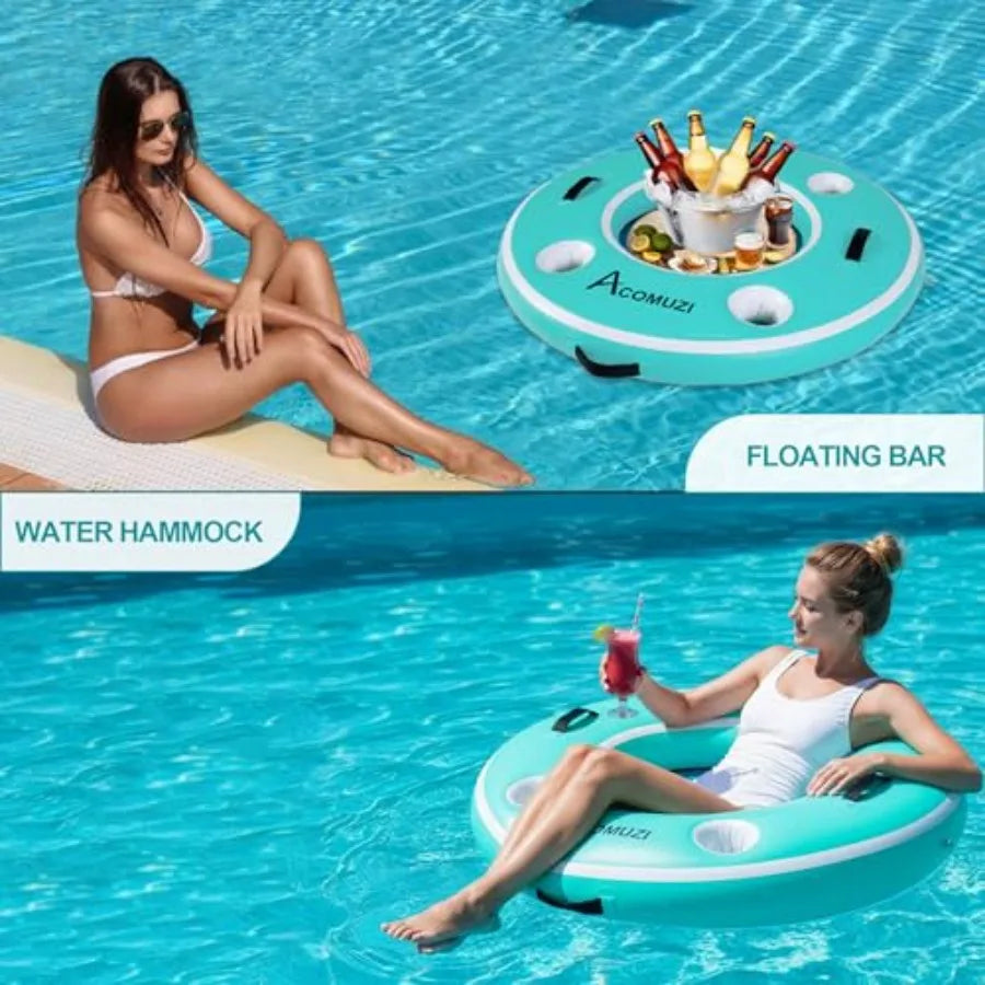 4FT Inflatable Pool Bar with 4 Built-in Cup Holders Floating Cooler for Adults Inflatable Drink Cooler in Blue for Lakes Pools