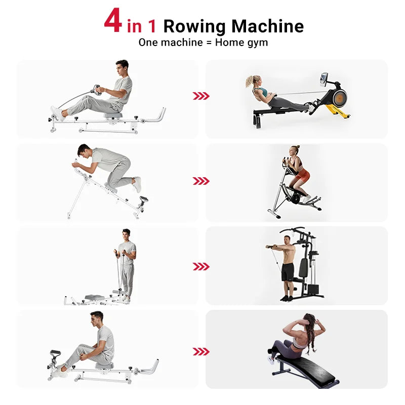 UMAY 4-in-1 ab-trainer combined rowing machine with adjustable height levels, elastic band attached abdominal machine.
