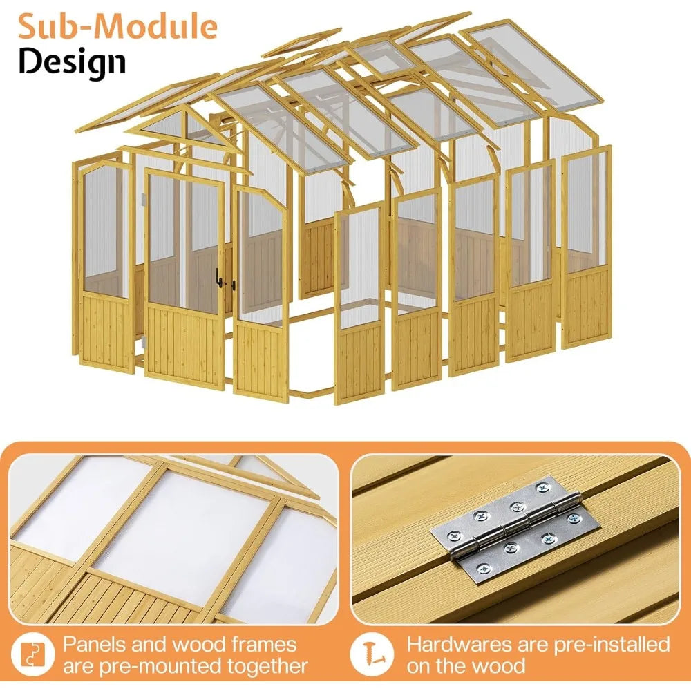 6x8x6.5 ft wooden greenhouse, pre-assembled solid cedar frame, walk-in design, lockable door, adjustable roof vents, polycarbon