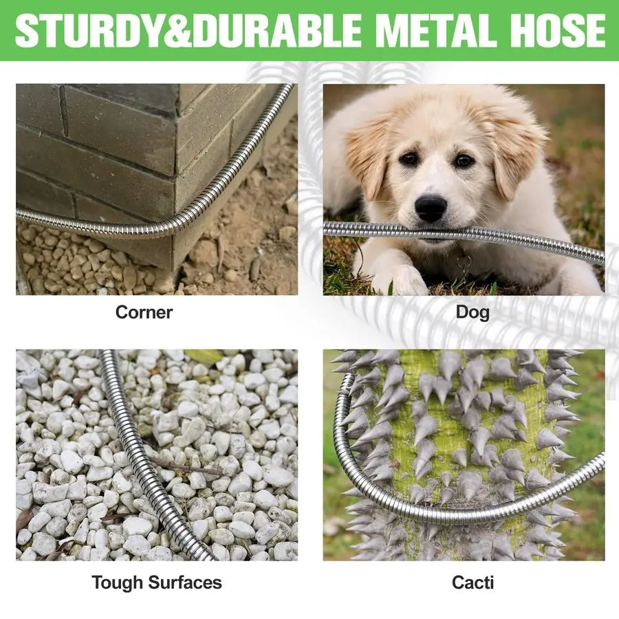 Hose 100ft Stainless Steel Water Hose Super Tough Flexible Water Pipe with Brass Fittings and Sprayer Nozzle, No Kink, Rust Proo