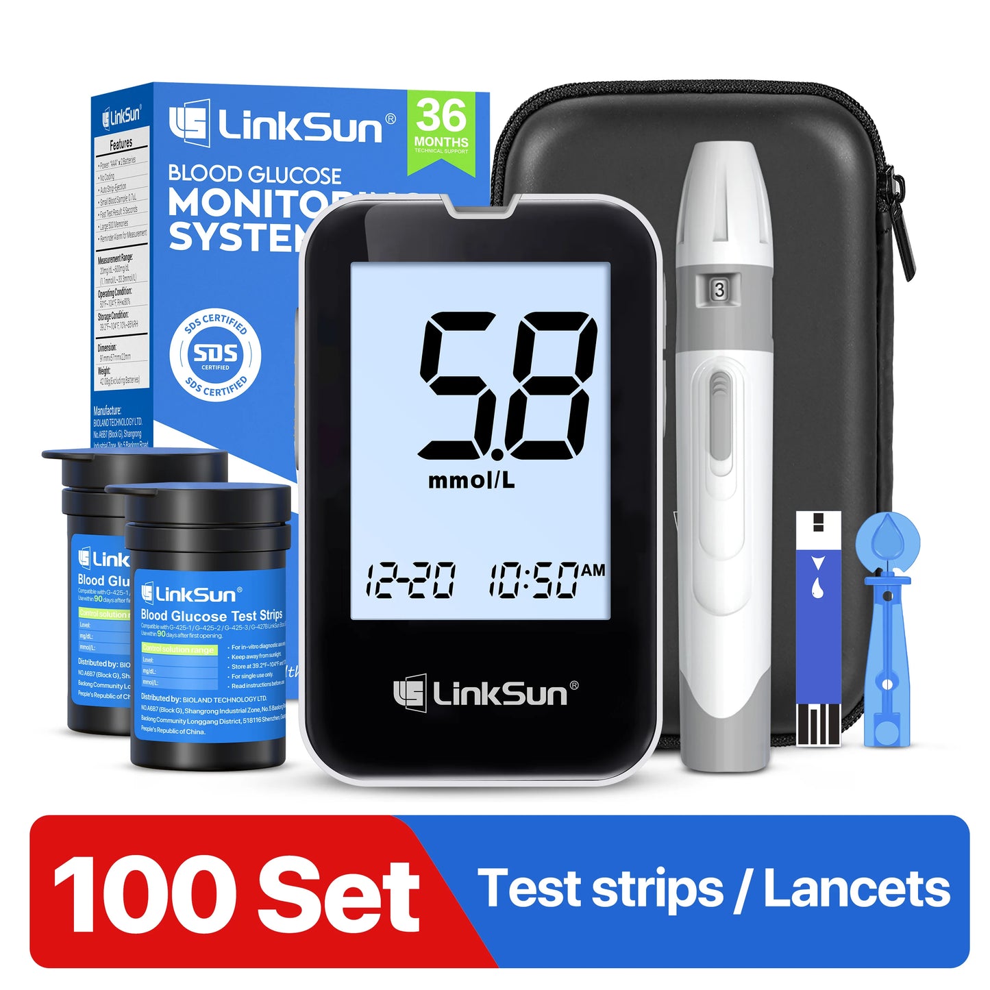 G-425-1 LinkSun Blood Glucose Meter Kit 50/100pcs Test Strips Lancets for Diabetes Monitor Digital Glucometer Blood Sugar Meter