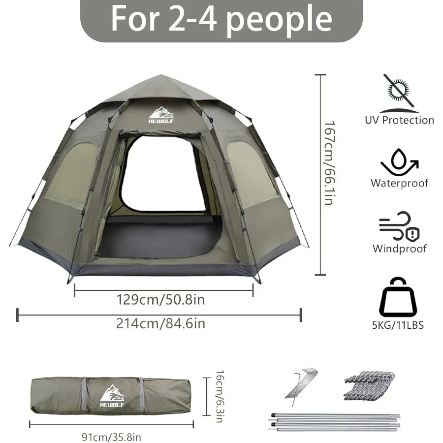 2 3 4 Person Camping Tent Instant Pop Up Waterproof 2 Doors Tent with Easy Setup 3Season Hexagonal Dome Design for Family Hikin