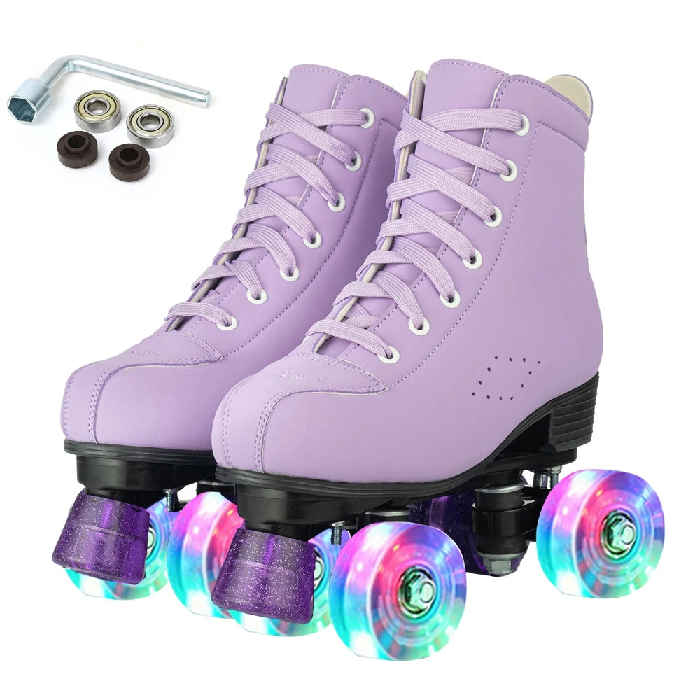 Quality Artificial Leather Roller Skates Shoes Purple Blue Roller Skates for Women with Light up Wheels Outdoor Sports Sneaker