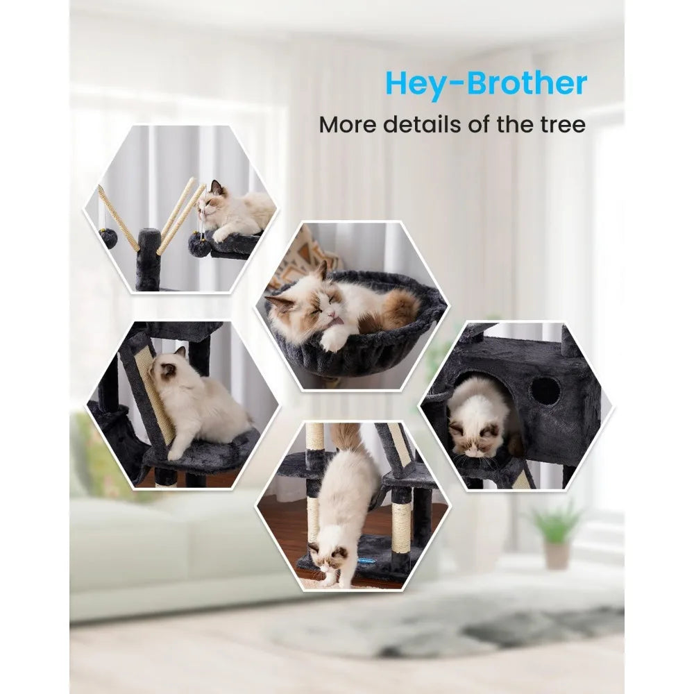 Hey-brother Cat Tree, 53 inch Cat Tower for Indoor Cats, Cat House with Padded Platform Bed, Toy Balls, Large Cozy Condo, Hammoc