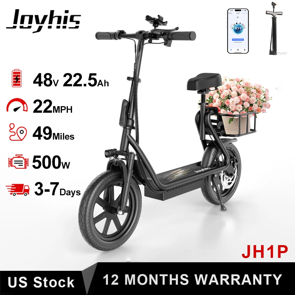JOYHIS JH1 Electric Scooter with Seat for Adult, 20MPH Speed Power by 500W Motor, 48V/10.4Ah Wider Deck & Height Carry Basket