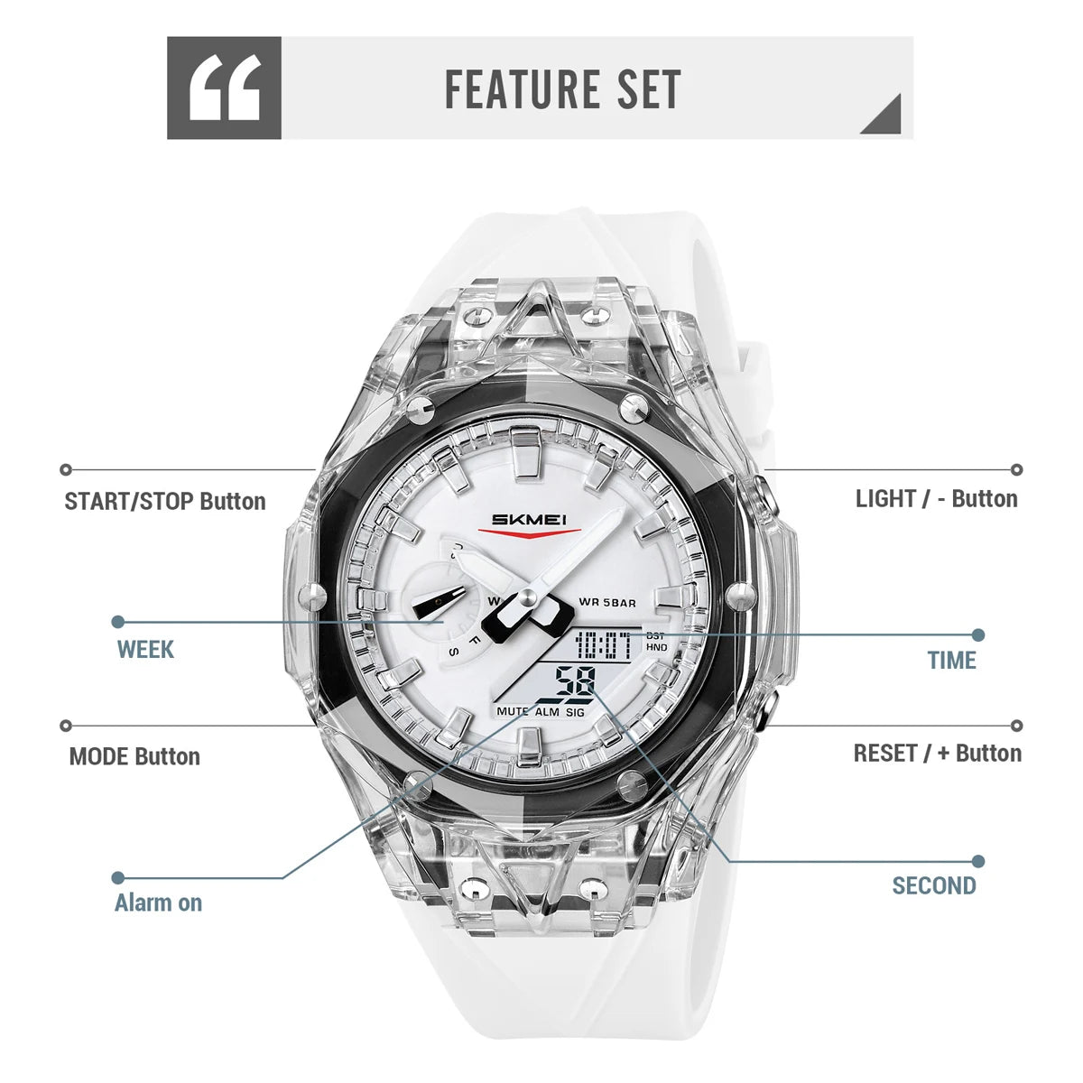 SKMEI Sports Electronic Watches 5 Alarm Dual Time Display Digital Watch For Men Women Waterproof Daylight Saving Time Wristwatch