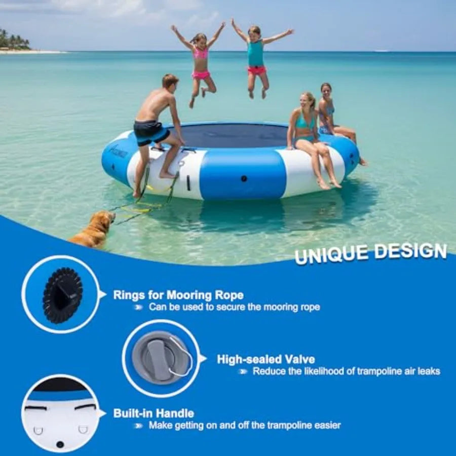 Inflatable Water Trampoline for Lake Pool Ocean 10FT 12FT 15FT Heavy Duty Floating Bounce Swim Platform with Ladder Ropes in Bl