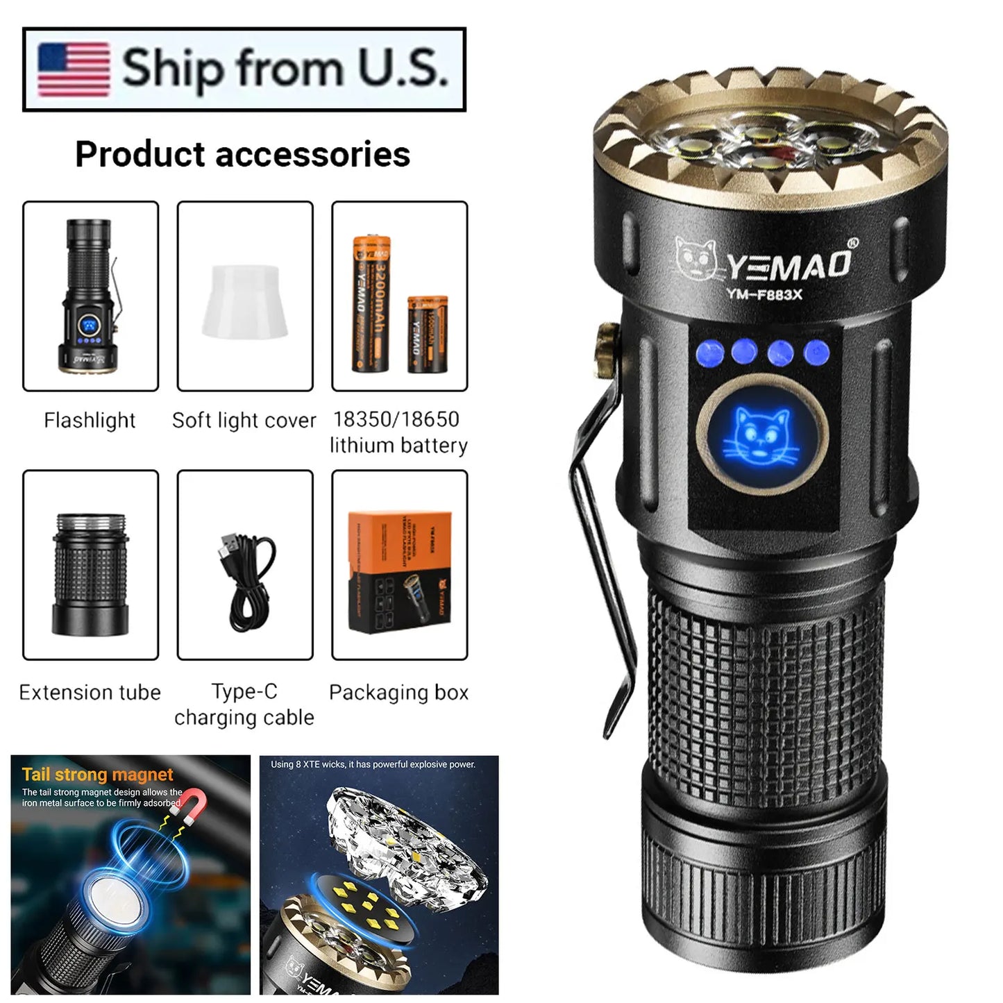 YEMAO F337X Powerful Led Flashlight 7 XTE Leds 3000 Lumens 200 Meters 18650 Battery Multi-color Auxiliary Lights EDC Torches