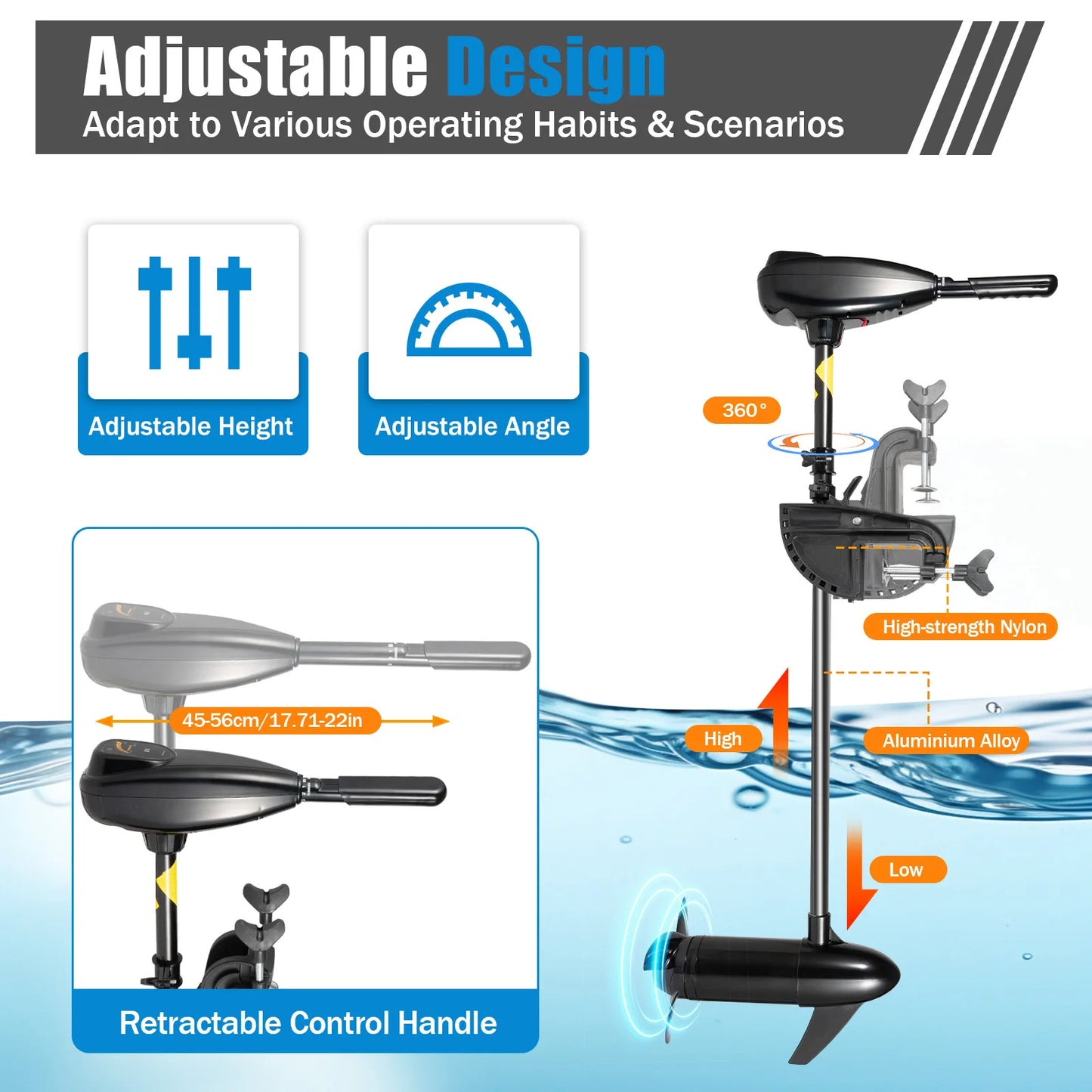 800W 12V Electric Outboard Engine Battery-powered Outboard Engines Low Noise 55lbs Thrust  for Kayaks, Plastic Boats, etc