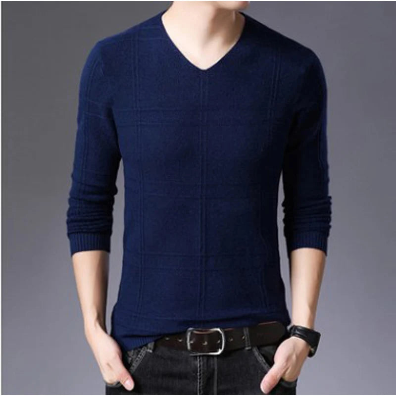 BROWON 2026 New Mens Clothes Spring Autumn Solid Color Casual V-Neck Sweaters Korean Fashion Slim Fit Long-Sleeved Sweater Men