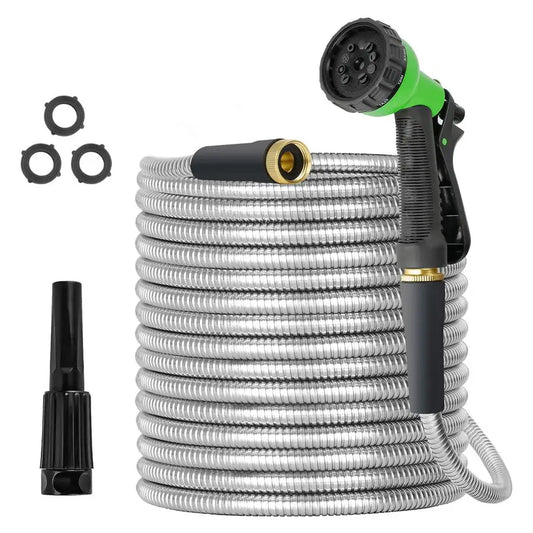 Hose 100ft Stainless Steel Water Hose Super Tough Flexible Water Pipe with Brass Fittings and Sprayer Nozzle, No Kink, Rust Proo