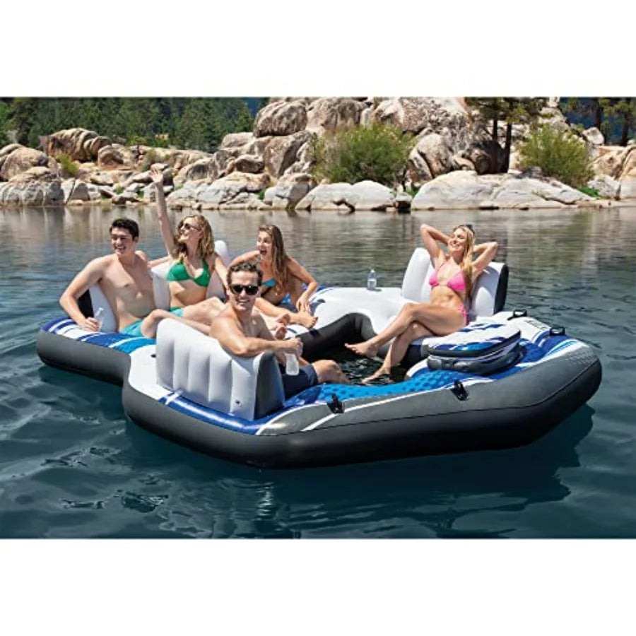 Blue Tropic Inflatable 5 Person Raft with Backrests Built-in Cooler and 4 Cupholders for Swimming Pool Island Water Floating Lo