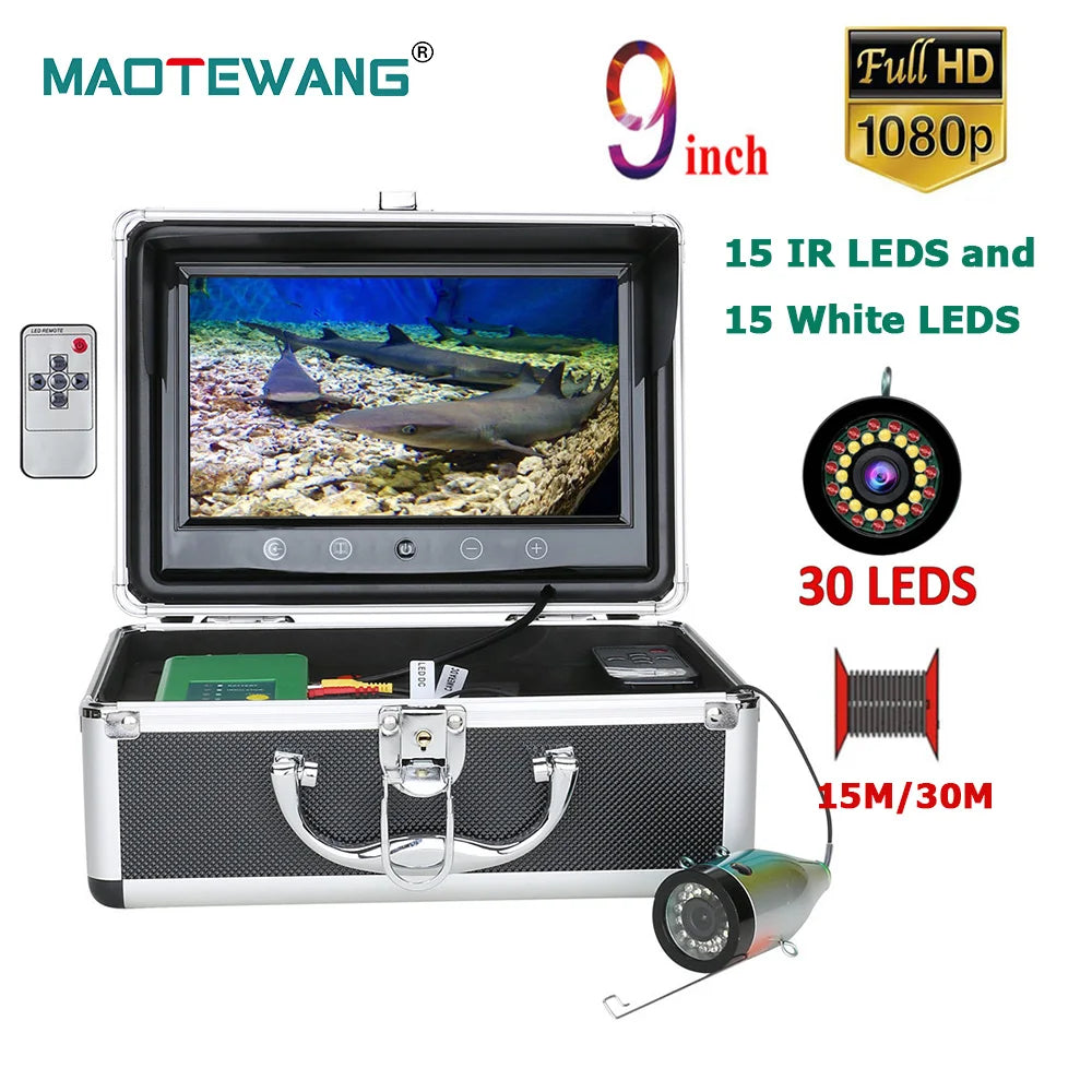 MAOTEWANG 9''HD 1080P Screen Fish Finder Underwater Fishing Camera 15pcs White LEDs +15pcs IR Lamp for River/Winter Ice Fishing