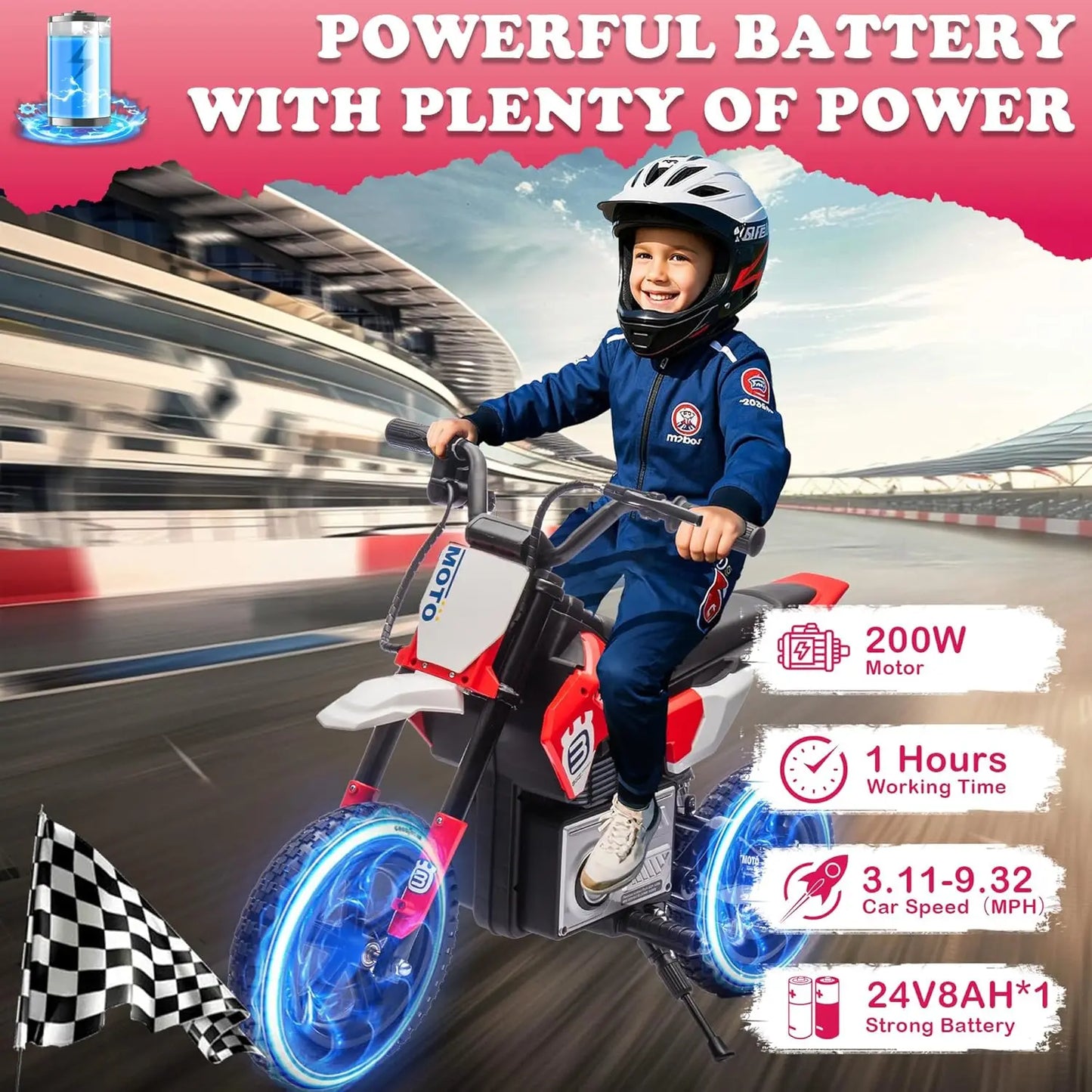 Electric Motorcycle for Kids Ages 5-15, 24V 200W Higher Speed Electric Dirt Bike, Kids Ride On Motorcycle with Rear Wheel Shock