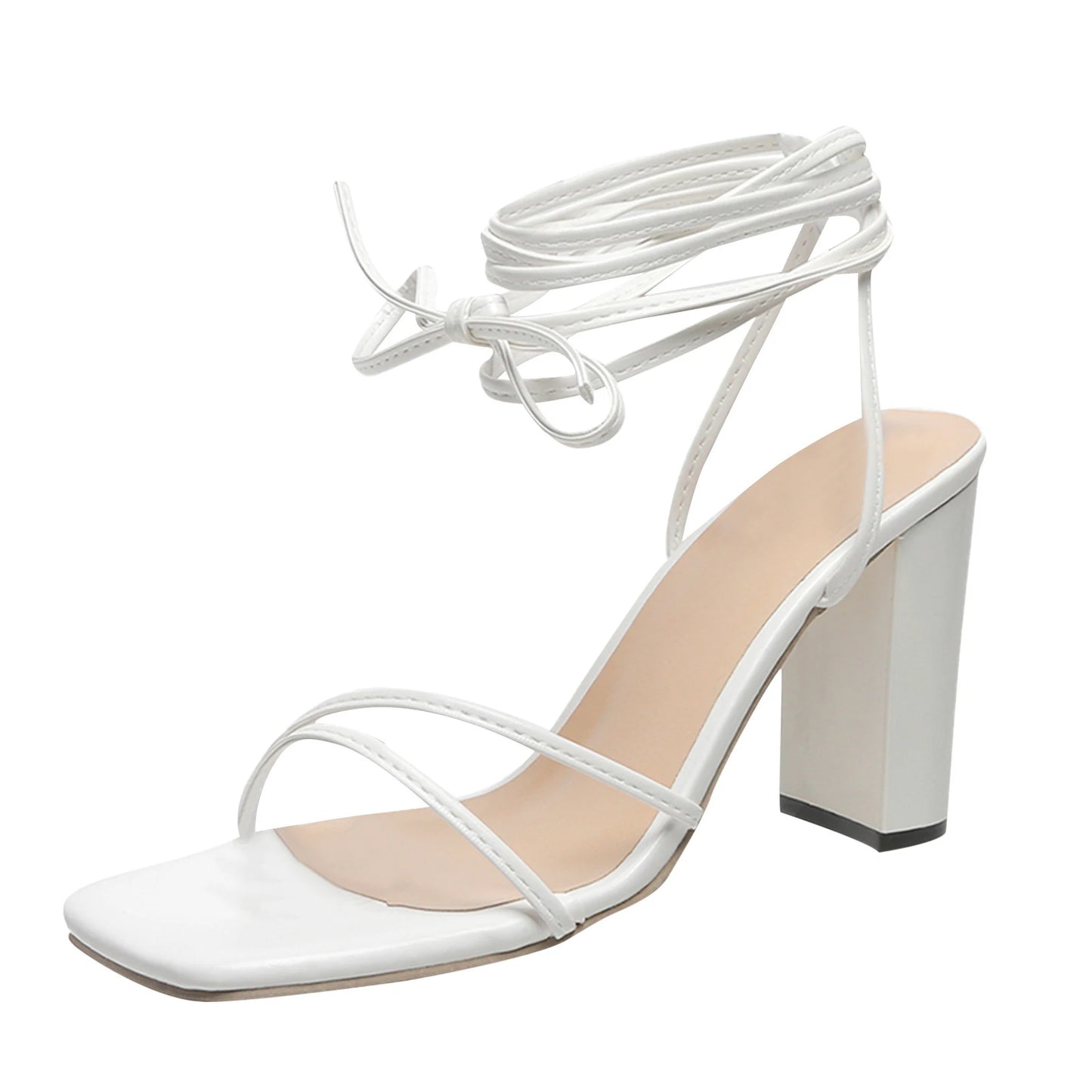 Women'S Fashion Summer Sandals Sexy Square Toe Solid Color Leather Ankle Strap Chunky High Heel Sandals For Women Dressy