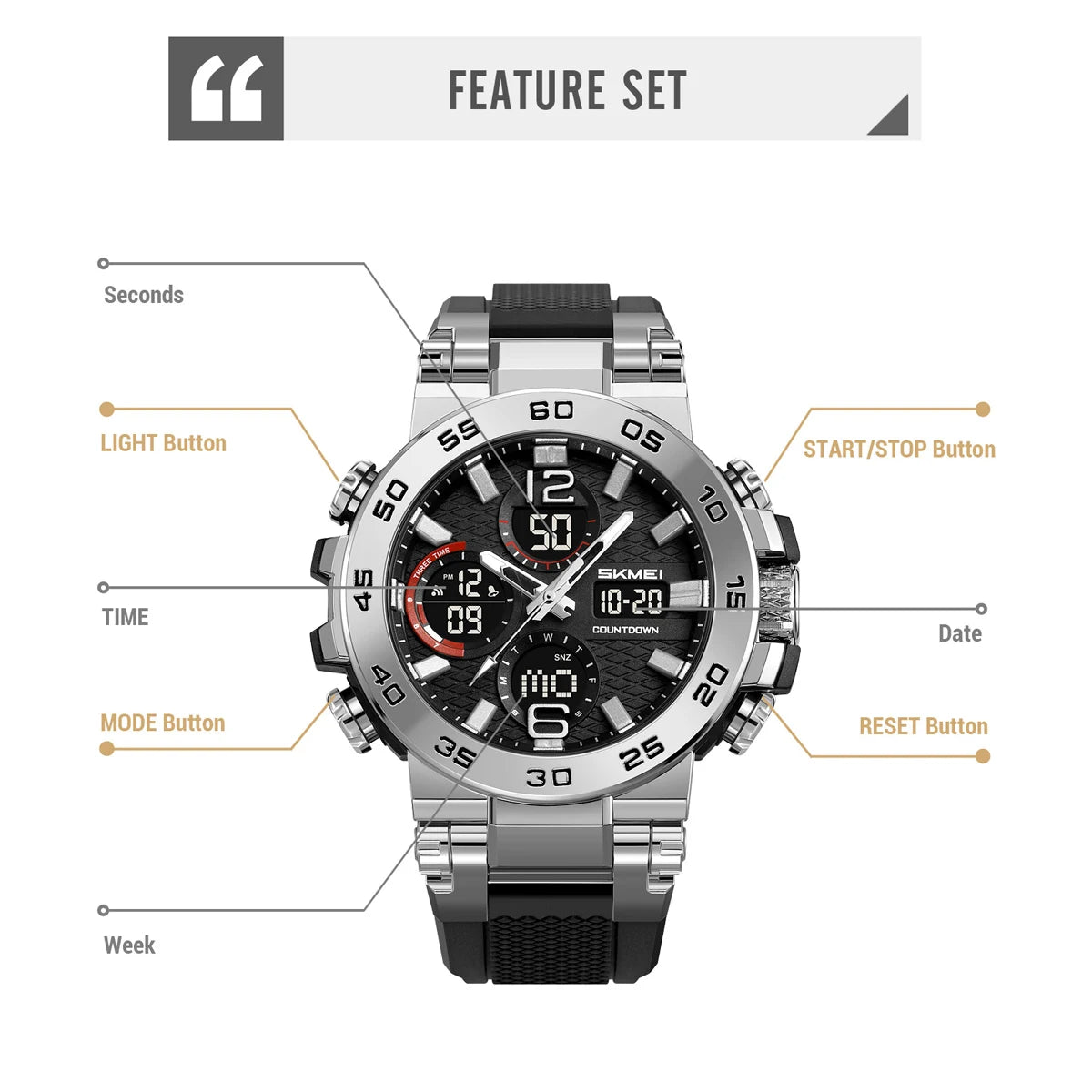 SKMEI Fashion Sport Double Display Digital Electronic Watch LED Light Quartz Watches For Men Waterproof Alarm Clock Wristwatches