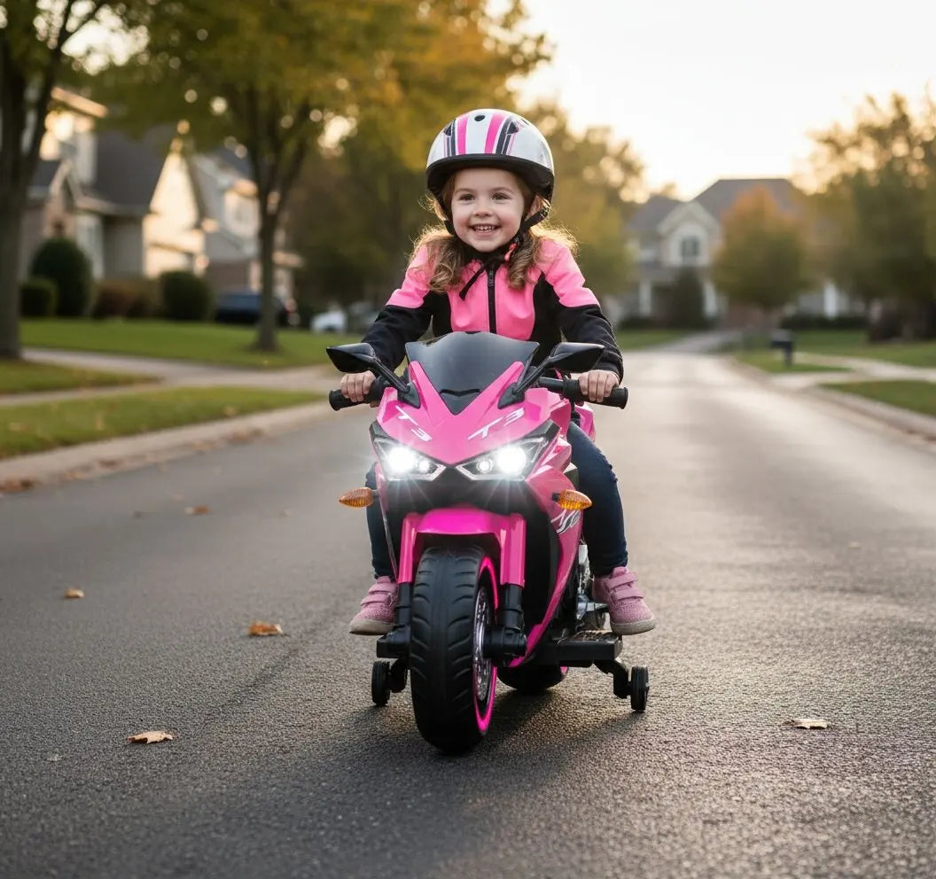 Kids Electric Motorcycle w/ Training Wheels & Manual Throttle for 3-6 Years Boys Girls Light-Up Wheels Ride-On Bike Toy Gift ﻿