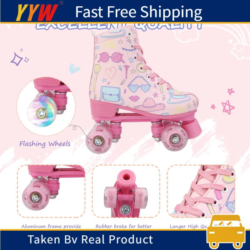 4 Wheels Skate Shoes Kids Girls Beginner Outdoor Skating Training Sneakers Quad Roller Skates Size 28-41 Adult Women Flashing