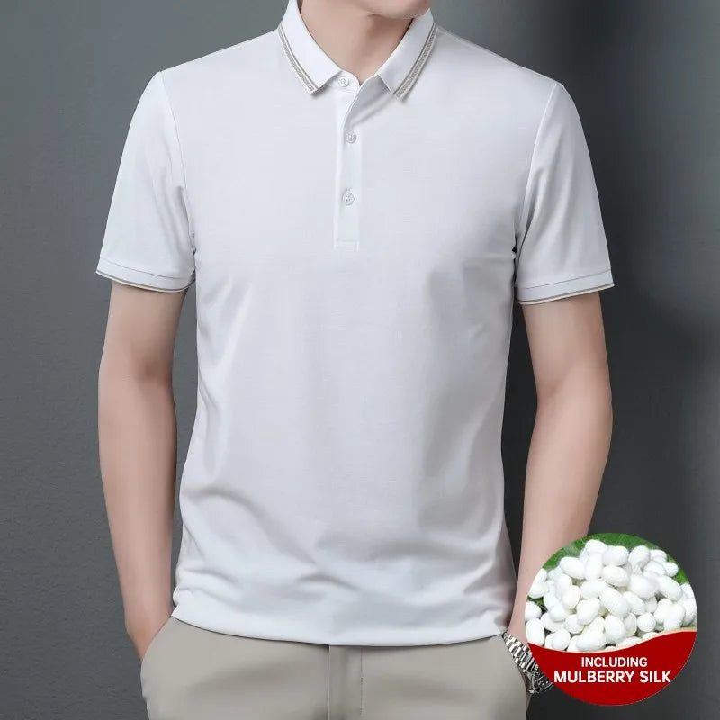 High End With Mulberry Silk New Mecerized Cotton Summer Men's Polo Shirts Short Sleeve Casual Tops Fashions Mens Clothes 2025