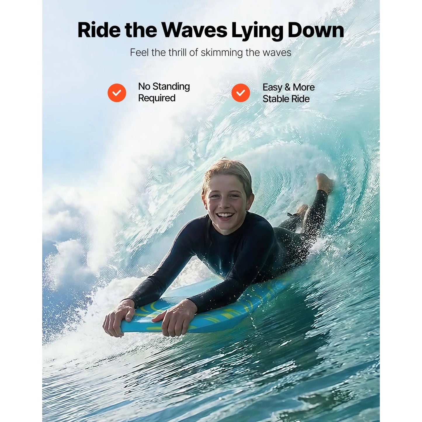 SucceBuy 42-Inch Bodyboard Body Board Trainer with EPS Foam Core & Wrist Leash UV-Resistant for Beginners Youth Up to 180 lbs