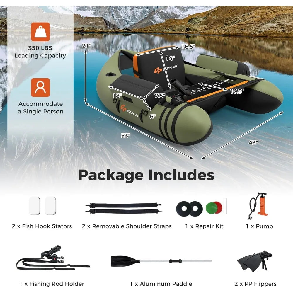 Inflatable Float Tube, Fishing Belly Boat with Fish Ruler, Pump,Storage Bag,Adjustable Straps, for Angling, 350LBS Load Capacity