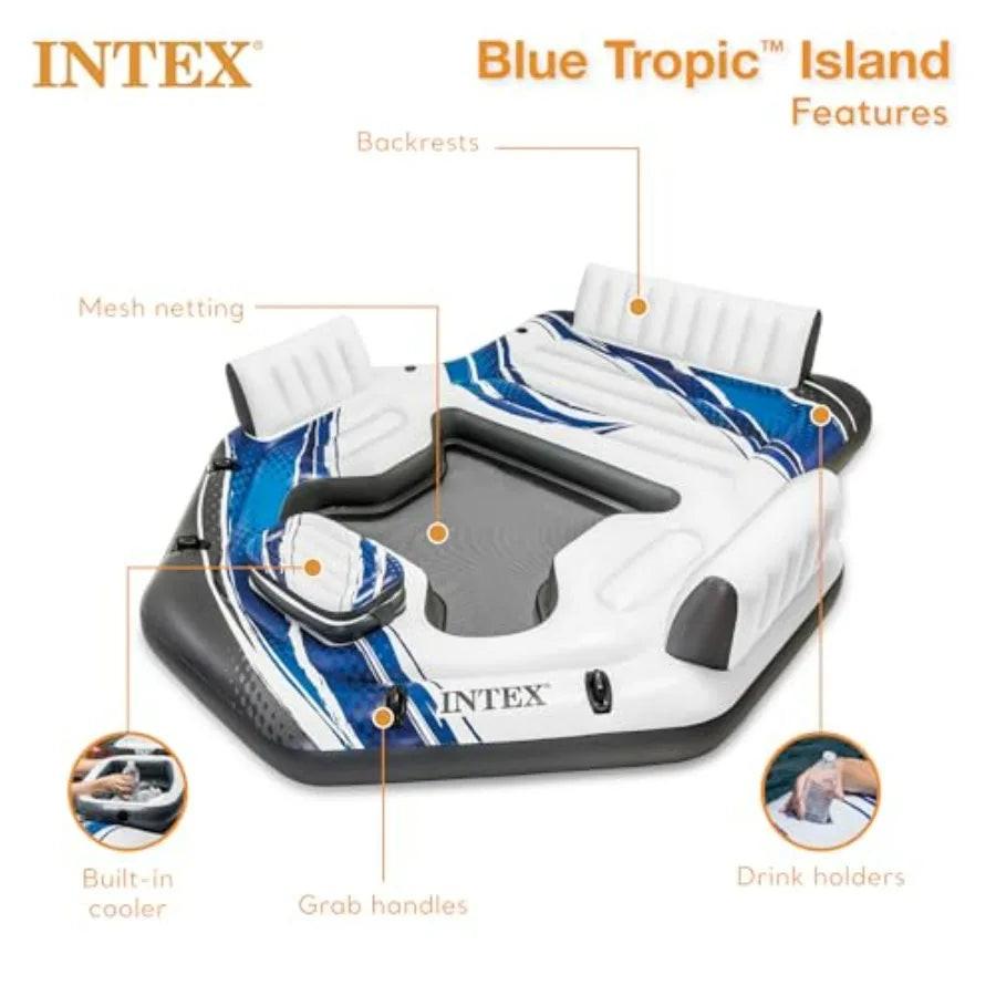 Blue Tropic Inflatable 5 Person Raft with Backrests Built-in Cooler and 4 Cupholders for Swimming Pool Island Water Floating Lo