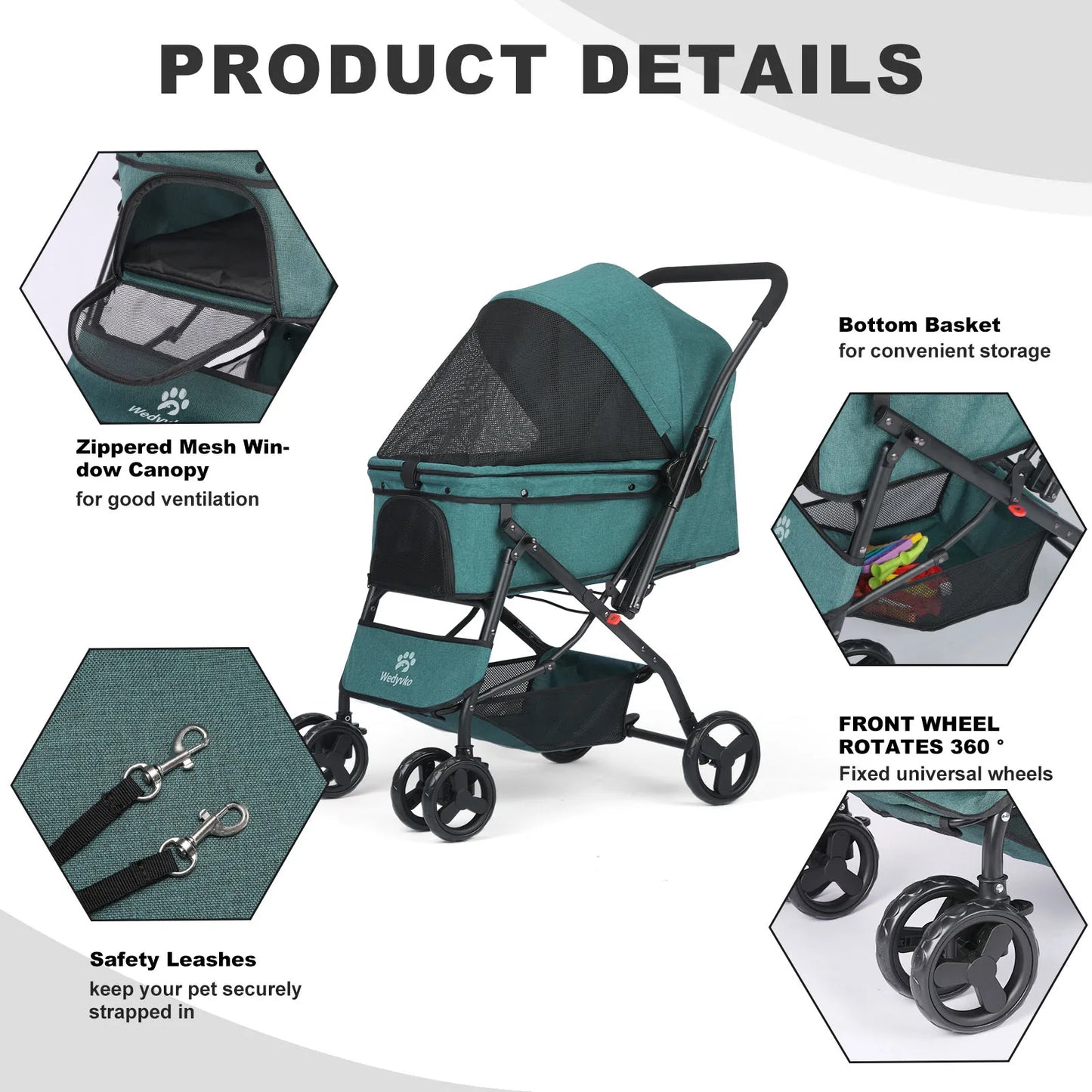Dog Stroller, Pet Stroller for Medium Dogs Cats, with Dog Poop Bags, Reversible Handlebar, Tethers, Storage Basket and Pouch