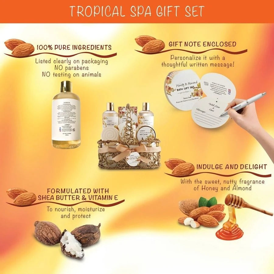 Gifts, Gift Baskets for Women Who Have Everything, Home Spa Honey amp Almond Scent, Luxury Bath amp Body Set Shower Gel, Bubble
