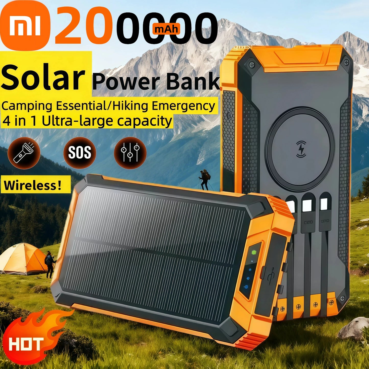 XIAOMI Solar Wireless Power Bank 200000mAh Large Capacity Fast Charging External Battery Outdoor Survival Emergency Equipment