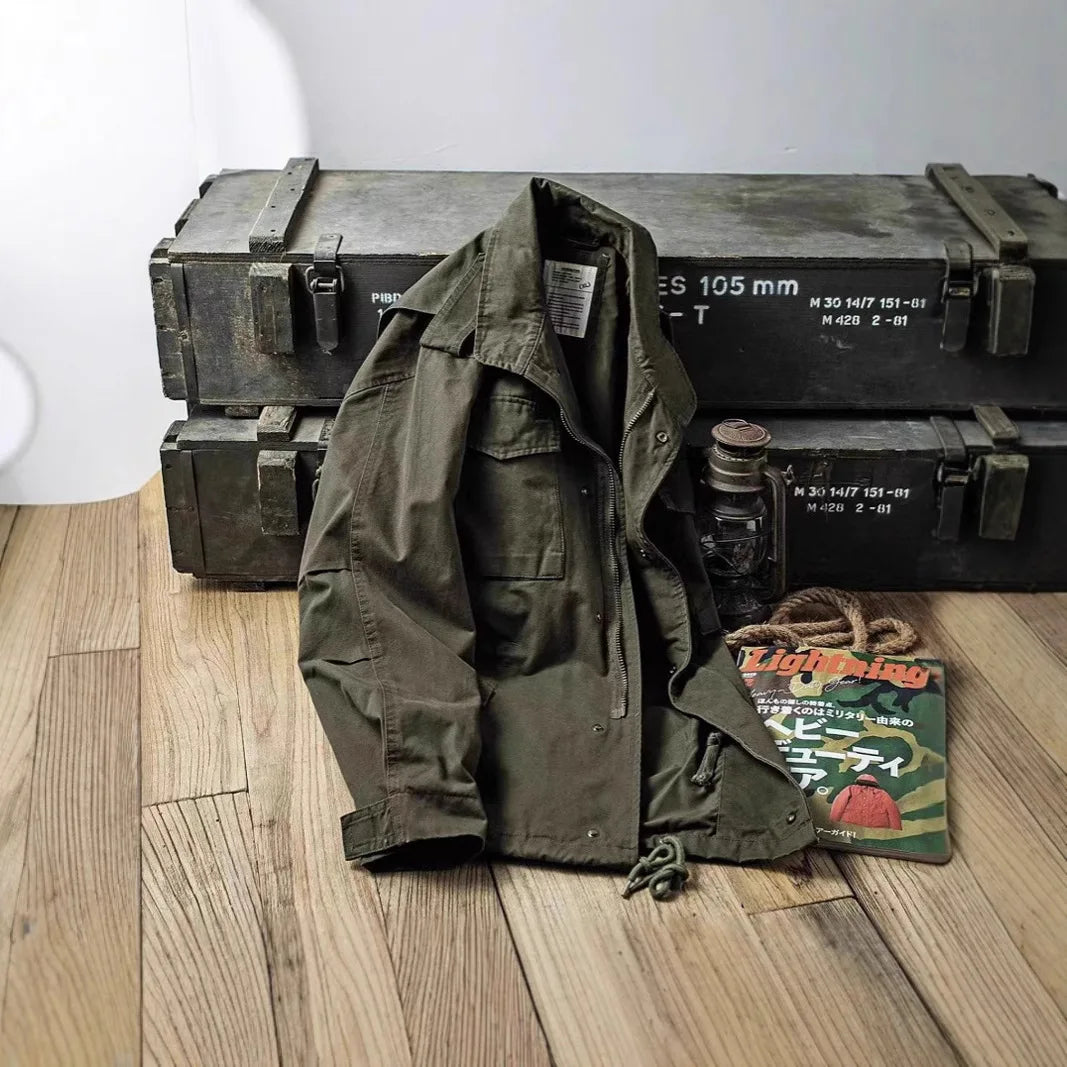 Vintage Men's Cargo Jacket Casual Solid Coat Mens Clothes Multi-Pocket Jacket Retro Jackets for Men Green Outdoor Windbreaker