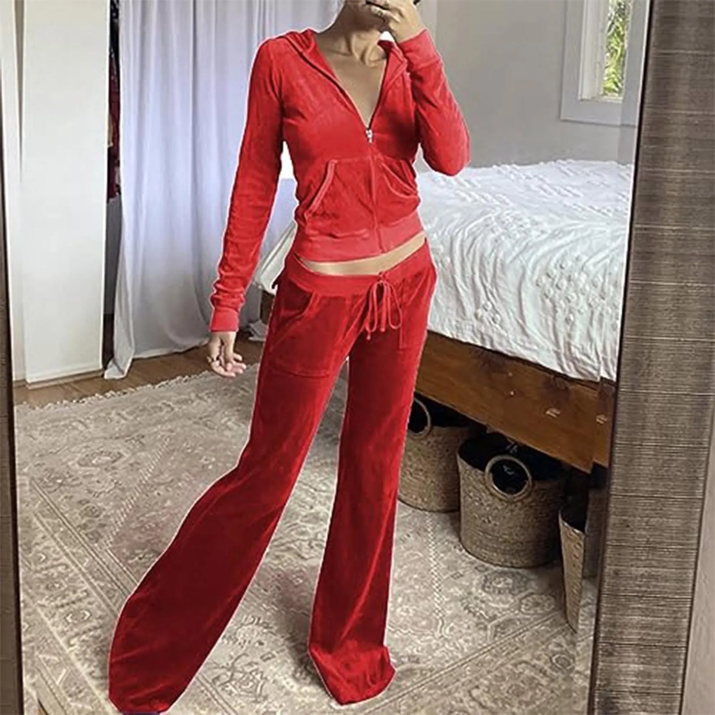 Women Velvet Jogging Suit Autumn Casual Velour Hoodie Cropped Top Jacket With Wide Leg Pants Tracksuits Women's Two Piece Set