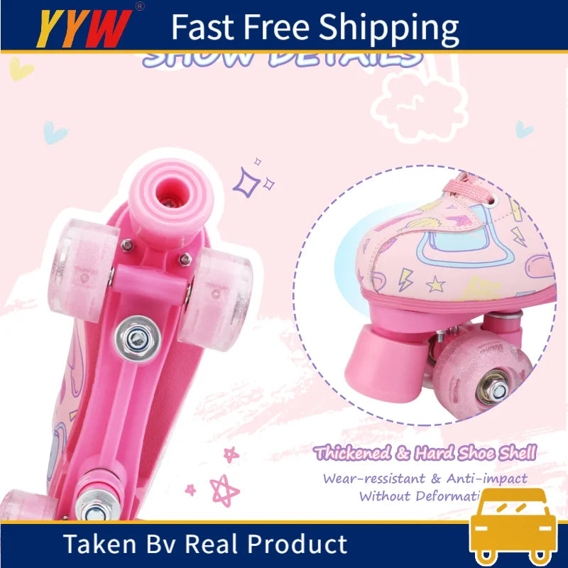 4 Wheels Skate Shoes Kids Girls Beginner Outdoor Skating Training Sneakers Quad Roller Skates Size 28-41 Adult Women Flashing