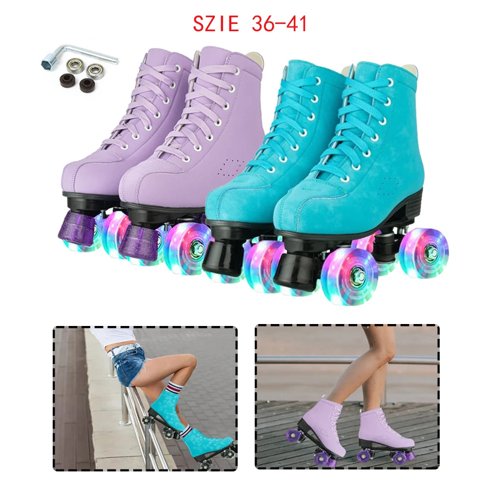 Quality Artificial Leather Roller Skates Shoes Purple Blue Roller Skates for Women with Light up Wheels Outdoor Sports Sneaker