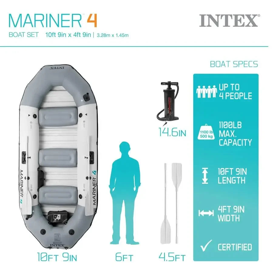 68376EP Mariner 4 Inflatable Boat Set Includes Deluxe 54in Boat Oars and HighOutput Pump WearResistant Keel Removable Fishing R