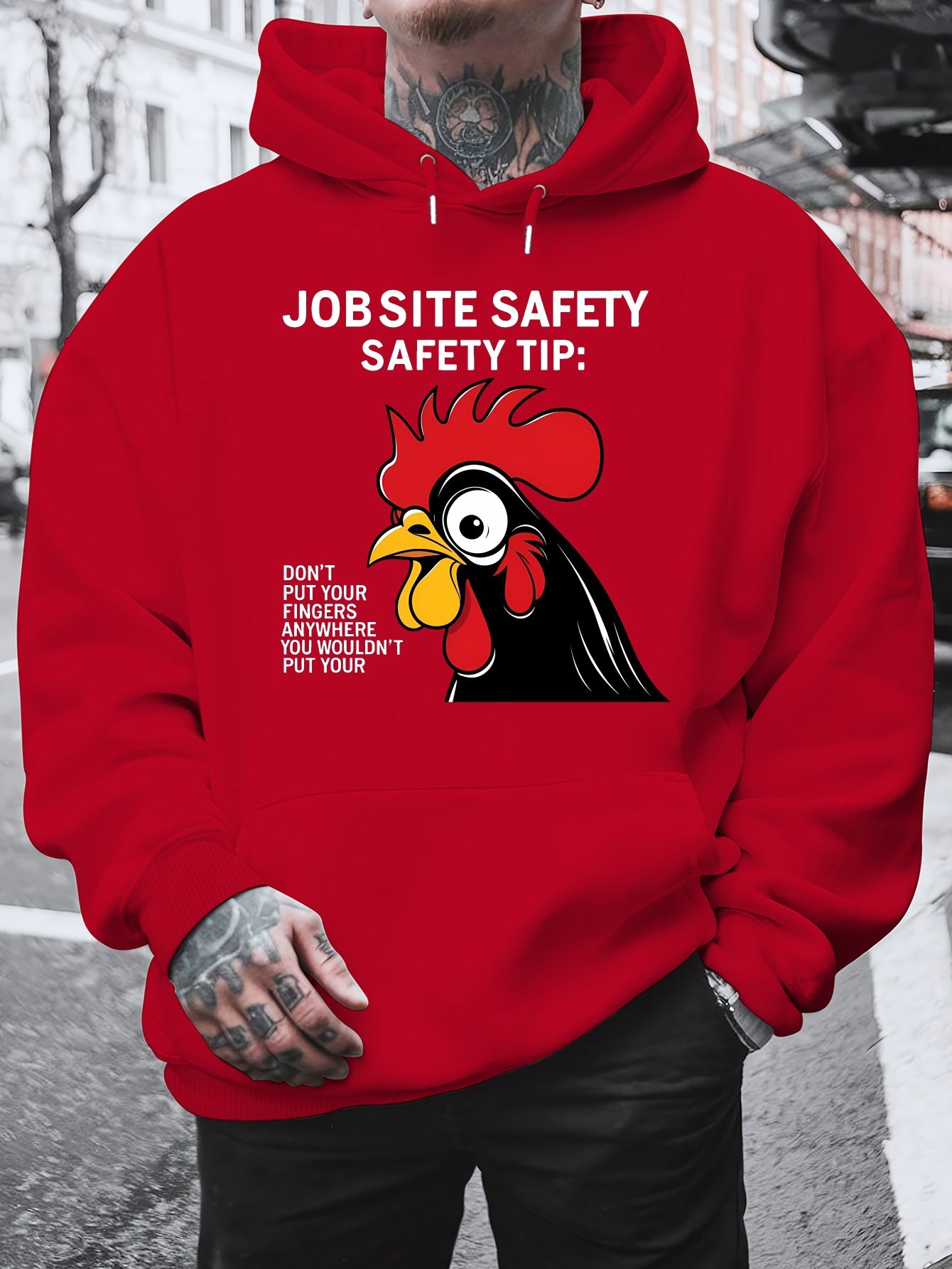 Men'S Plus Size Hoodie - "Jobsite Safety" Safety Tip Graphic with Rooster, Black with White Text, Casual Plush Pullover for Fall & Winter, Dalian Hat Fashion Brand, Fall Winter Apparel | Playful Graphic Hoodie | Plush Polyest