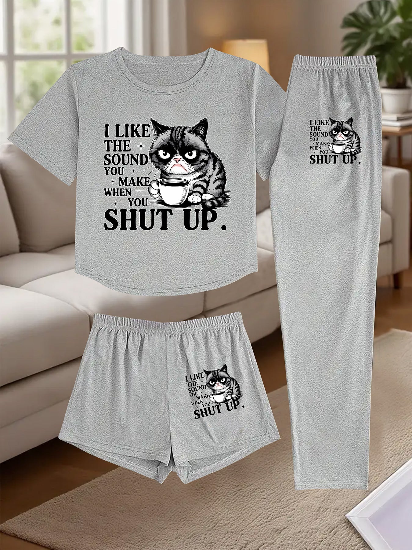 Women'S 3pcs Set - "I Like the Sound of the Cat" Print, Comfortable Sleepwear with Shorts and Long Pants, Casual Crew Neck, Spring/Summer Collection, Casual Wear|Playful Print|Comfortable Fit, Pajamas for Women
