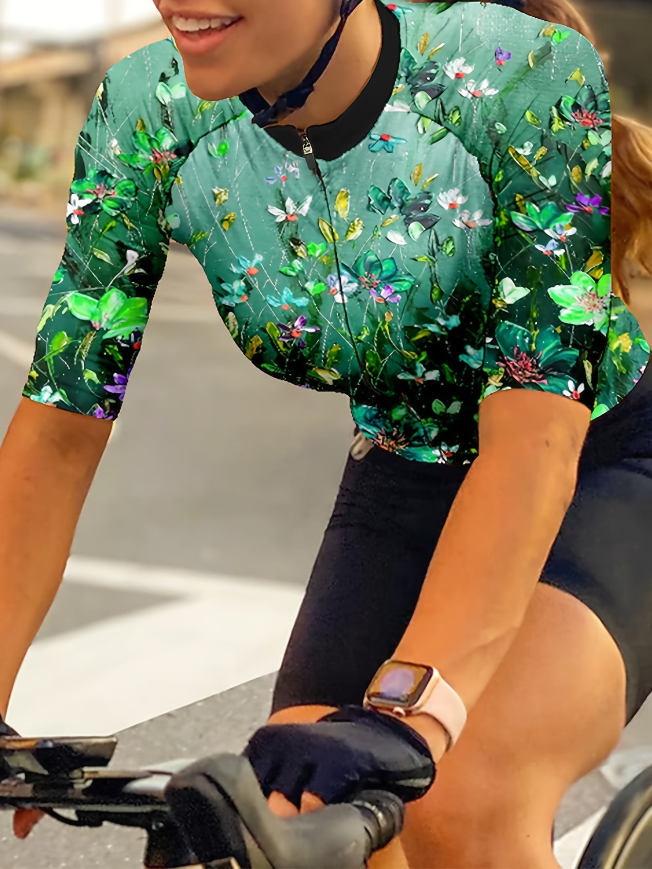 Women'S Floral Print Cycling Jersey, Short Sleeve Bike Top with 3 Rear Pockets, Breathable MTB Road Bike Jacket, Green 3D-Printed Design, Medium Stretch Fabric, Spring/Summer/Fall Sports Wear, Cycling Jacke
