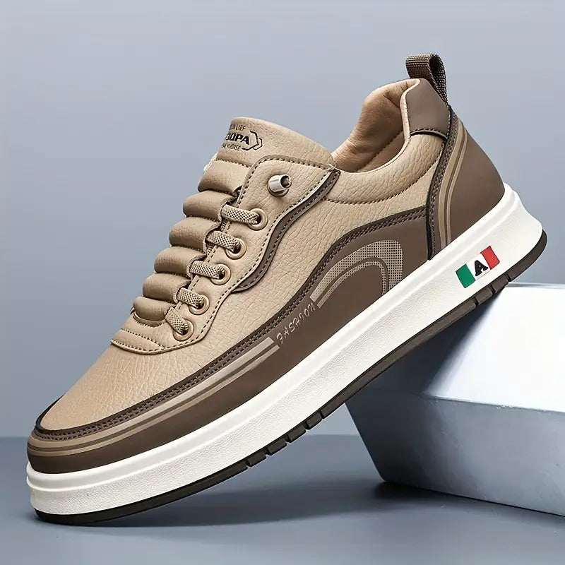 Men's & Women's Low-Top Sneakers with Italian Flag Patch - /Brown Upper & Sole, Lace-Up Casual Shoes Suitable for Commuting, Outdoor, Winter Wear - Italian Flag Unisex Athletic Footwear