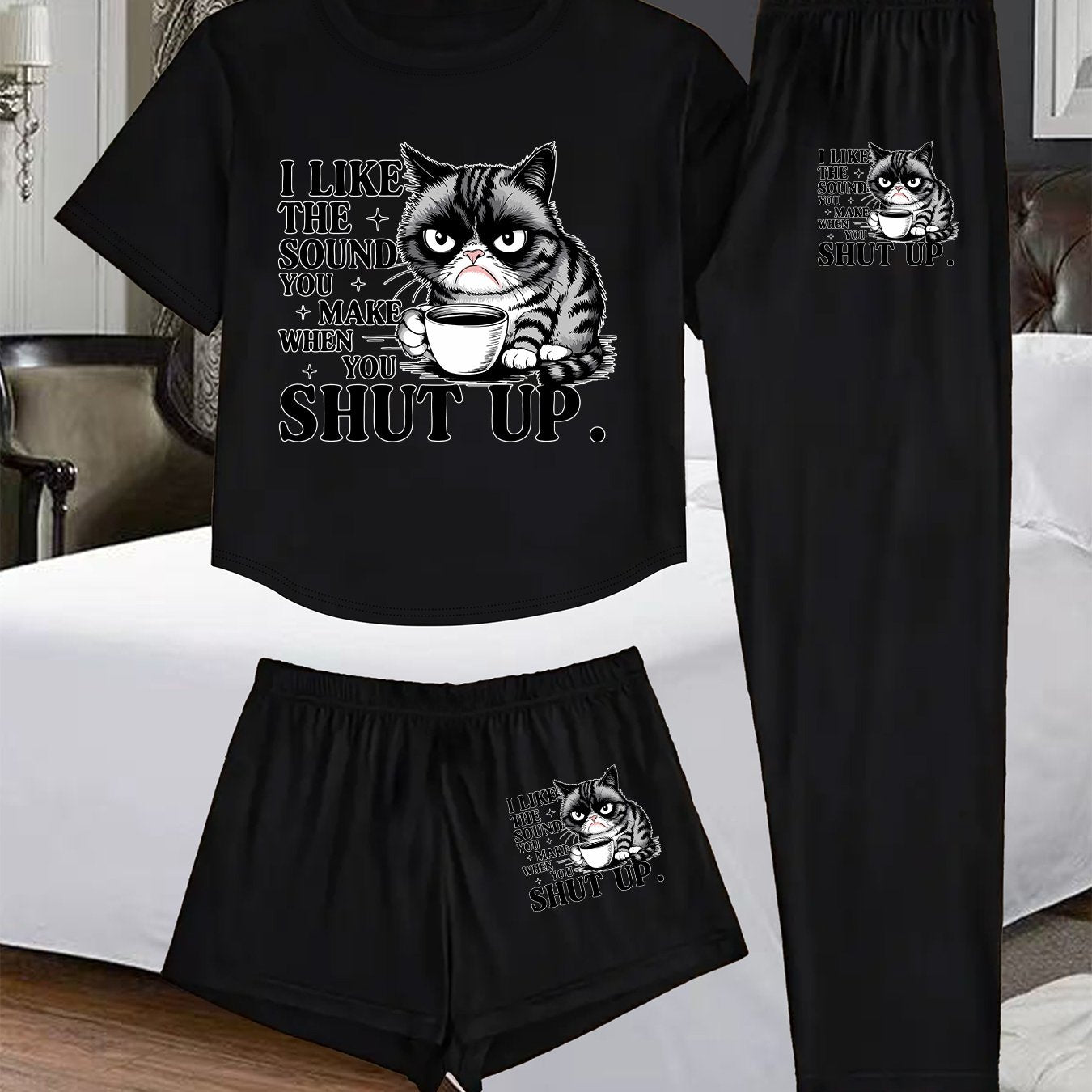 Women'S 3pcs Set - "I Like the Sound of the Cat" Print, Comfortable Sleepwear with Shorts and Long Pants, Casual Crew Neck, Spring/Summer Collection, Casual Wear|Playful Print|Comfortable Fit, Pajamas for Women