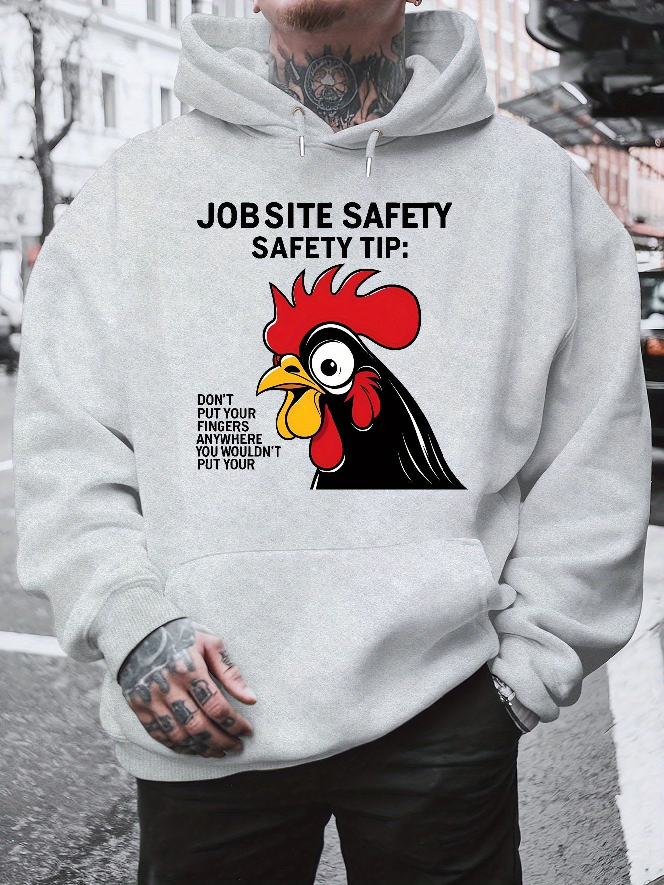 Men'S Plus Size Hoodie - "Jobsite Safety" Safety Tip Graphic with Rooster, Black with White Text, Casual Plush Pullover for Fall & Winter, Dalian Hat Fashion Brand, Fall Winter Apparel | Playful Graphic Hoodie | Plush Polyest