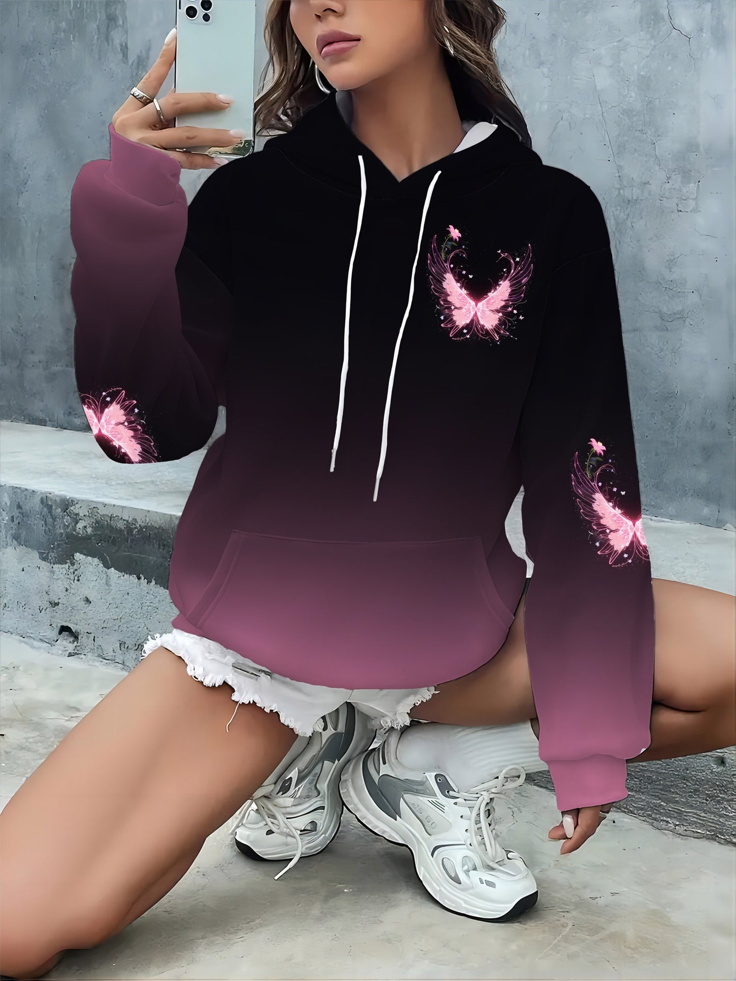 Sweet and cool dreamy style gradient pink butterfly print hooded sweatshirt for women, casual and versatile top for autumn and winter, 100% polyester | Machine washable