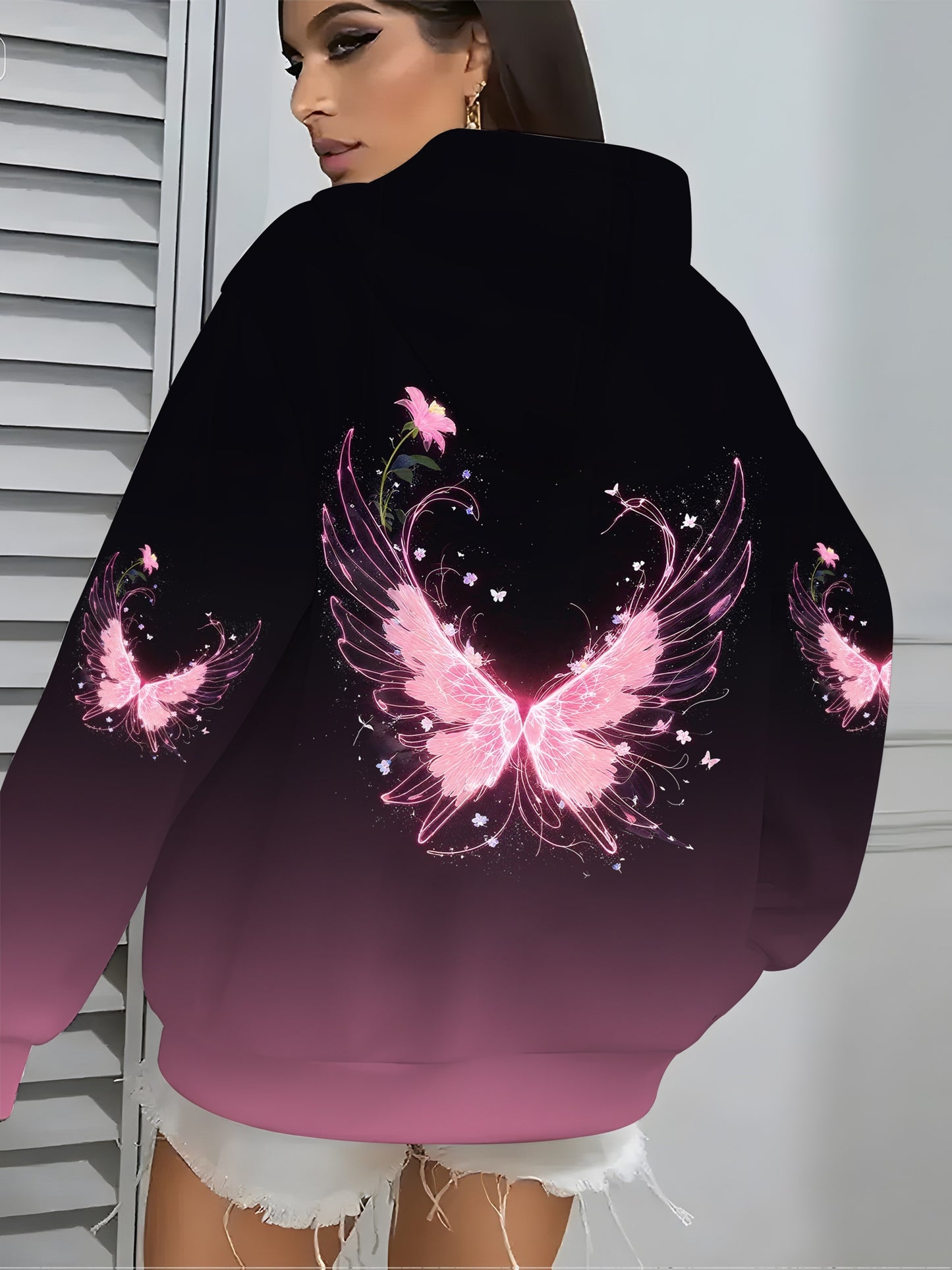 Sweet and cool dreamy style gradient pink butterfly print hooded sweatshirt for women, casual and versatile top for autumn and winter, 100% polyester | Machine washable
