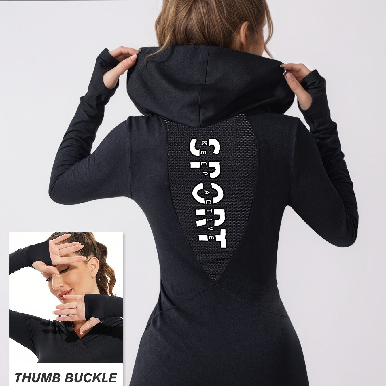 Women's Workout Hoodie - Quick-Dry Yoga Jacket with Thumb Buckle, Slim Fit Gym Sweatsuit, Stretchy Long Sleeve Athletic Top for Running, Training, Yoga - All-Season Women's Fitness Apparel, Running Gear, Sporty Design, Mesh P