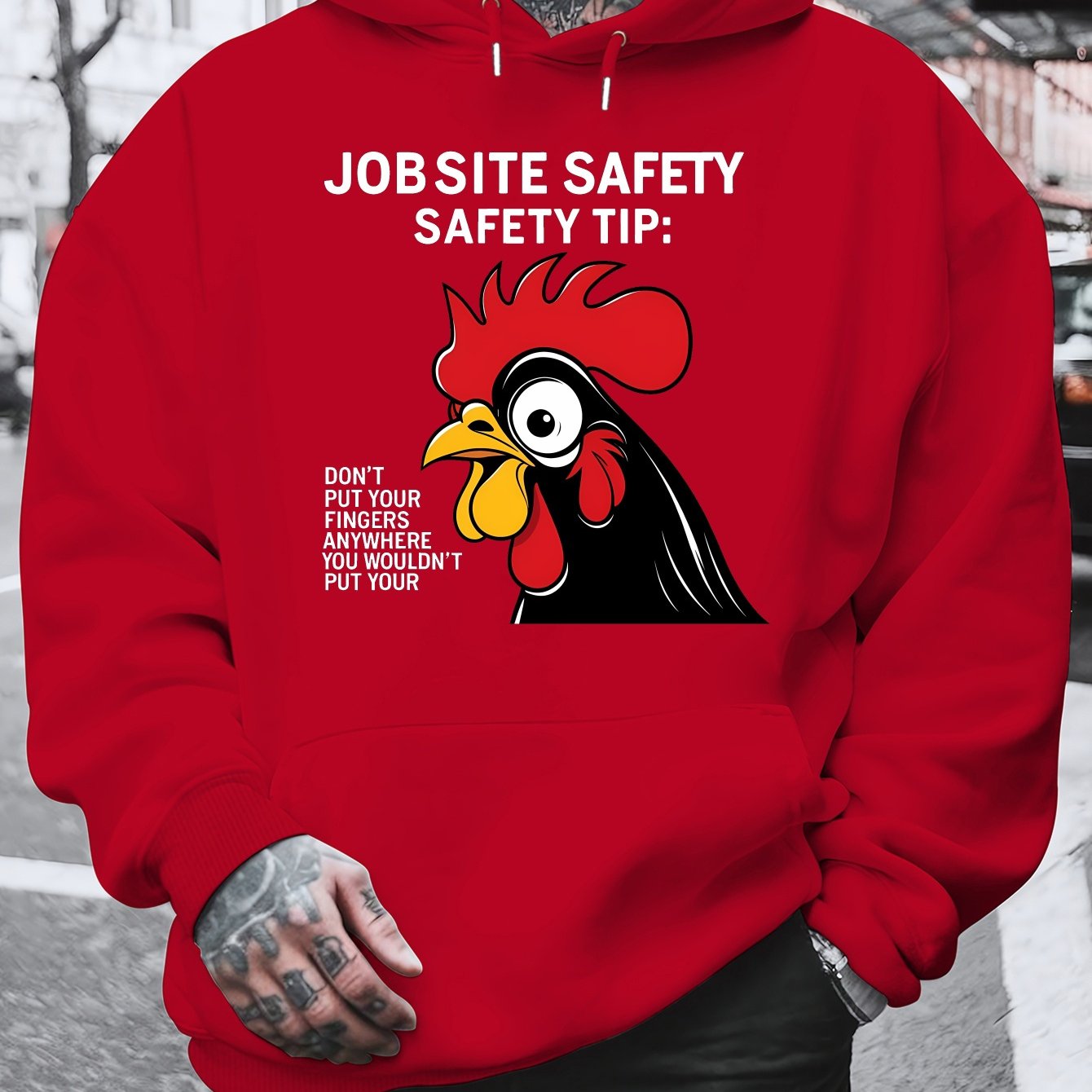 Men'S Plus Size Hoodie - "Jobsite Safety" Safety Tip Graphic with Rooster, Black with White Text, Casual Plush Pullover for Fall & Winter, Dalian Hat Fashion Brand, Fall Winter Apparel | Playful Graphic Hoodie | Plush Polyest