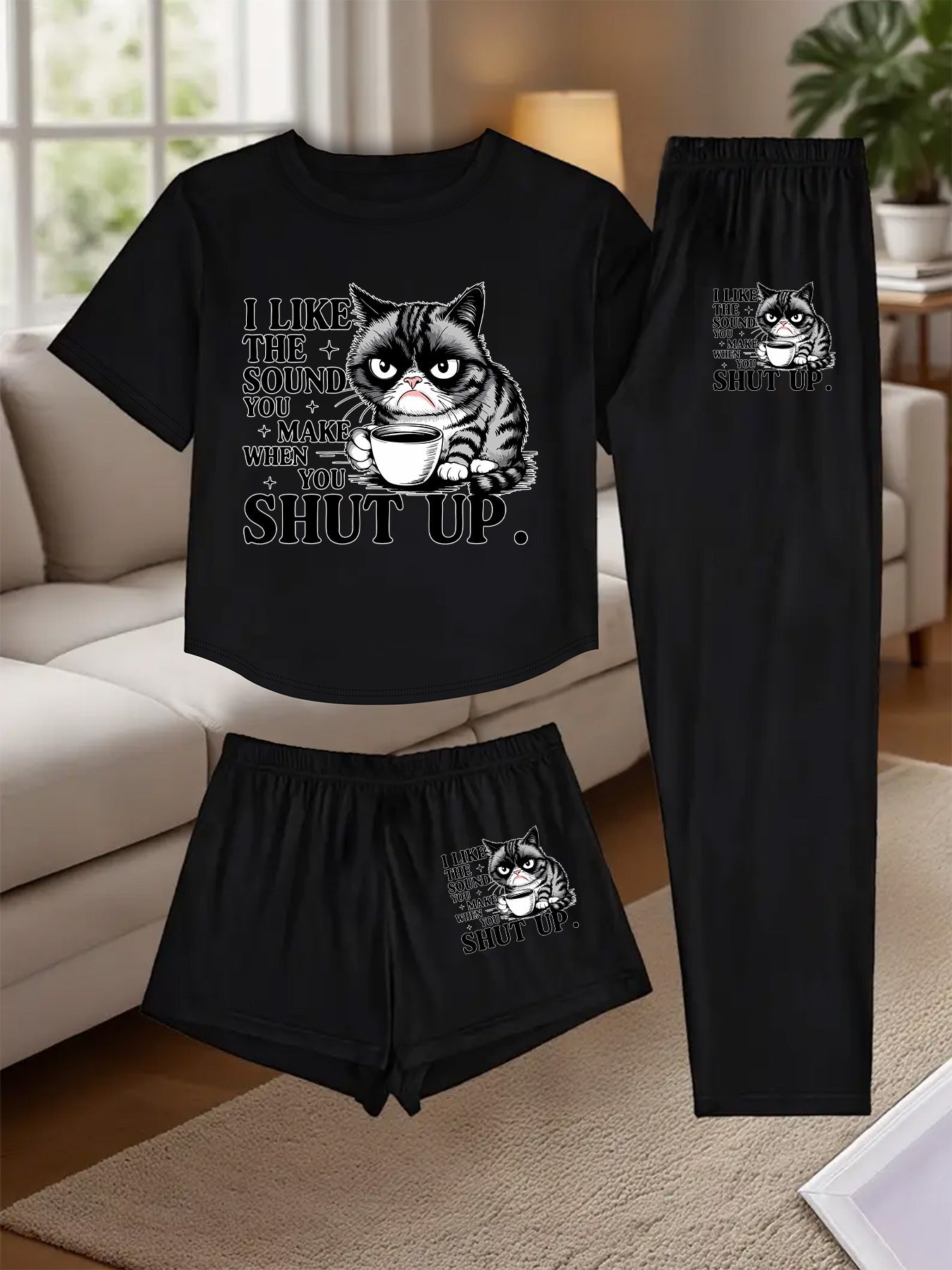 Women'S 3pcs Set - "I Like the Sound of the Cat" Print, Comfortable Sleepwear with Shorts and Long Pants, Casual Crew Neck, Spring/Summer Collection, Casual Wear|Playful Print|Comfortable Fit, Pajamas for Women