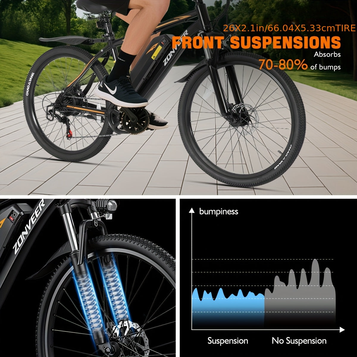 M26 Electric Bike for Adults - 500W Motor, 40-Mile Range & 20MPH High-Speed, 26" All-Terrain Tire Ebike with Front Suspension, 7-Speed Shimano System, 360Wh Removable Battery, Hydraulic Disc Brakes, Carbon Rims & Off-Road for