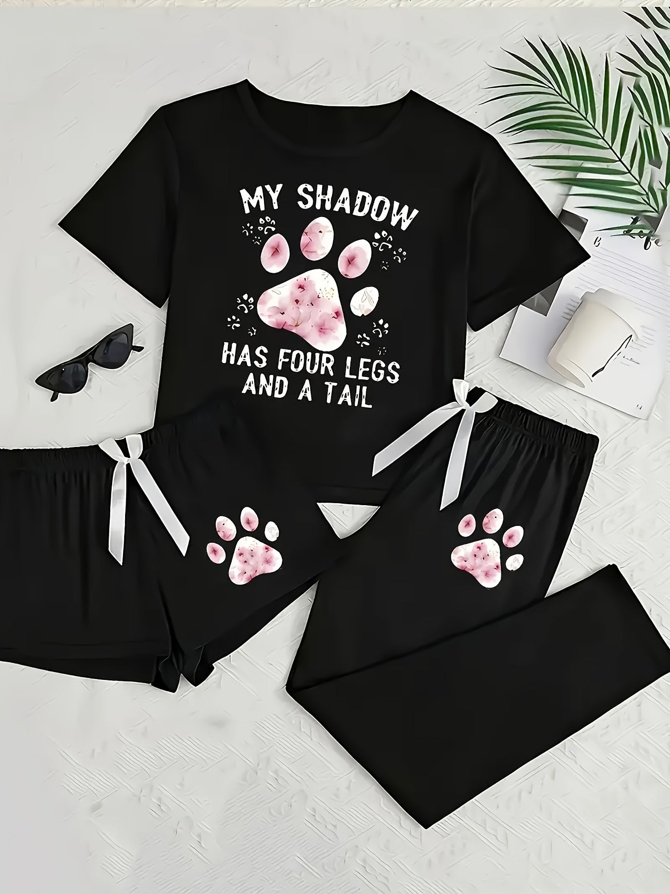 Fashionable 3pcs Unique Design Print Women'S Pajamas, Home Wear, Short Sleeve Long Pants Shorts