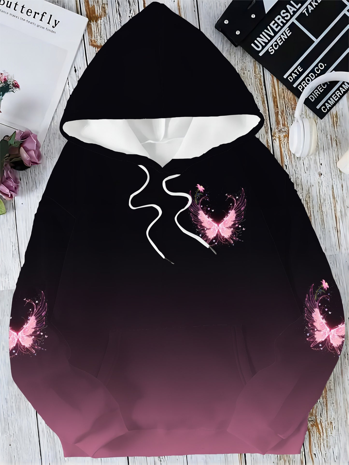 Sweet and cool dreamy style gradient pink butterfly print hooded sweatshirt for women, casual and versatile top for autumn and winter, 100% polyester | Machine washable
